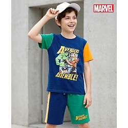 Pine Kids Marvel 100% Cotton Knit Half Sleeve T-Shirts & Shorts Set With Avengers Graphics - Multicolour