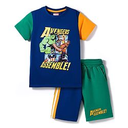 Pine Kids Marvel 100% Cotton Knit Half Sleeve T-Shirts & Shorts Set With Avengers Graphics - Multicolour