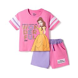 Pine Kids Disney 100% Cotton Knit Half Sleeve T-Shirt & Shorts Set With Disney Princess Graphics - Multicolour