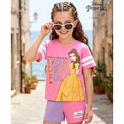 Pine Kids Disney 100% Cotton Knit Half Sleeve T-Shirt & Shorts Set With Disney Princess Graphics - Multicolour