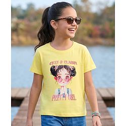 Pine Kids Cotton Knit Half Sleeves T-Shirt with Girl Print - Yellow