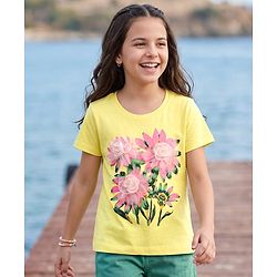 Pine Kids Cotton Knit Half Sleeves T-Shirt With Floral Print & Applique - Yellow