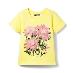 Pine Kids Cotton Knit Half Sleeves T-Shirt With Floral Print & Applique - Yellow