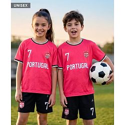Pine Active Knit Half Sleeves T-Shirt With Shorts Football Set With Portugal Print - Red & Black