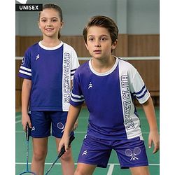 Pine Active Knit Drop Shoulder Half Sleeves T-Shirt & Shorts Set with Tennis Print - Navy Blue