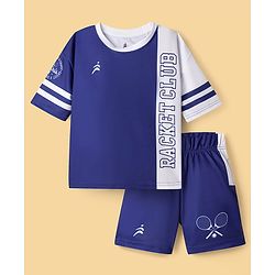 Pine Active Knit Drop Shoulder Half Sleeves T-Shirt & Shorts Set with Tennis Print - Navy Blue