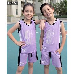 Pine Active Knit Sleeveless Tank T-Shirt & Shorts Set with Athletic Print - Lavender