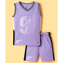 Pine Active Knit Sleeveless Tank T-Shirt & Shorts Set with Athletic Print - Lavender