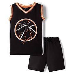 Pine Active Knit Sleeveless Sports Theme Printed Tank T-Shirt & Shorts Set - Black