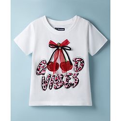 Pine Kids Cotton Knit Half Sleeves Embellished T-Shirt With Cherry Print & Applique Detailing - White