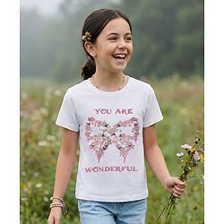Pine Kids Cotton Knit Half Sleeves T-Shirt With Floral & Bow Print - White