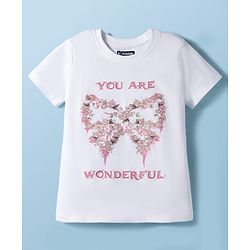 Pine Kids Cotton Knit Half Sleeves T-Shirt With Floral & Bow Print - White
