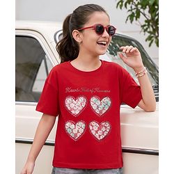 Pine Kids Cotton Knit T-Shirts Half Sleeves Round Neck Hearts Print Red 4-5 Years