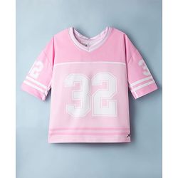 Pine Active Knit Drop Shoulder Sleeves T-Shirt With 32 Print - Pink