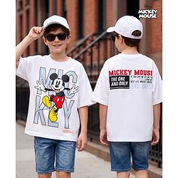Pine Kids Disney Single Jersey Knit Half Sleeves T-Shirt With Front & Back Mickey Mouse Graphics - White