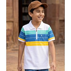 Pine Kids Cotton Knit T-Shirt Striped Polo Neck Half Sleeves White 4-5 Years