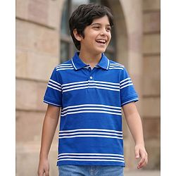 Pine Kids Cotton Knit T-Shirts Striped Half Sleeves Polo Neck  Blue 4-5 Years
