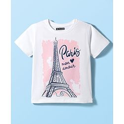 Pine Kids Cotton Knit Half Sleeves T-Shirt With Eiffel Tower Print - White