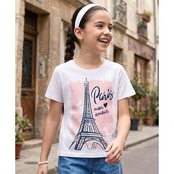 Pine Kids Cotton Knit Half Sleeves T-Shirt With Eiffel Tower Print - White