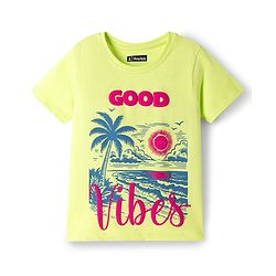 Pine Kids Cotton Knit Half Sleeves T-Shirts With Beach Theme - Limegreen