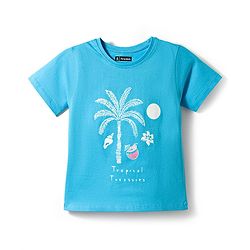 Pine Kids Cotton Knit Half Sleeves T-Shirt With Tree Print - Blue