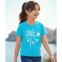 Pine Kids Cotton Knit Half Sleeves T-Shirt With Tree Print - Blue