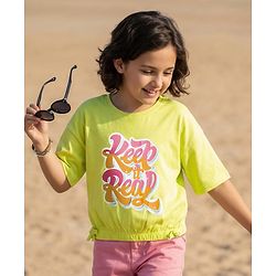 Pine Kids Cotton Knit Drop Shoulder Half Sleeves T-Shirt with Keep It it Real Print - Lime Green