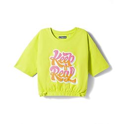 Pine Kids Cotton Knit Drop Shoulder Half Sleeves T-Shirt with Keep It it Real Print - Lime Green