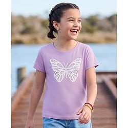 Pine Kids Cotton Knit T-Shirt Round Neck Half Sleeves Butterfly Print Lavender 4-5 Years