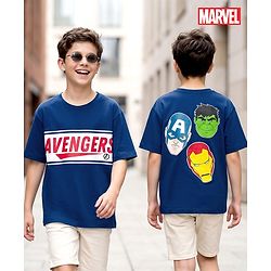 Pine Kids Marvel Cotton Knit Drop Shoulder Half Sleeves T-Shirt with Front & Back Avengers Graphic - Navy Blue