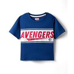 Pine Kids Marvel Cotton Knit Drop Shoulder Half Sleeves T-Shirt with Front & Back Avengers Graphic - Navy Blue