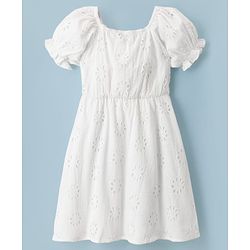 Pine Kids Schiffili Woven Half Puffed Sleeves Solid Colour Dress- White