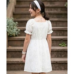 Pine Kids Schiffili Woven Half Puffed Sleeves Solid Colour Dress- White