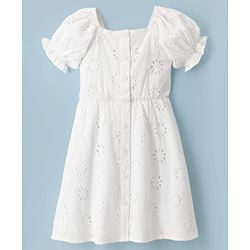Pine Kids Schiffili Woven Half Puffed Sleeves Solid Colour Dress- White