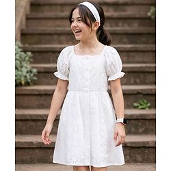 Pine Kids Schiffili Woven Half Puffed Sleeves Solid Colour Dress- White