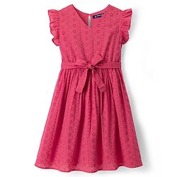 Pine Kids Schiffili Woven Half Puffed Sleeves Solid Colour Dress- Fuchsia