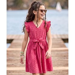 Pine Kids Schiffili Woven Half Puffed Sleeves Solid Colour Dress- Fuchsia