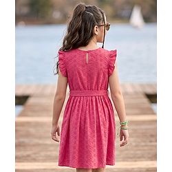Pine Kids Schiffili Woven Half Puffed Sleeves Solid Colour Dress- Fuchsia