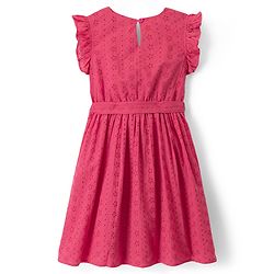 Pine Kids Schiffili Woven Half Puffed Sleeves Solid Colour Dress- Fuchsia
