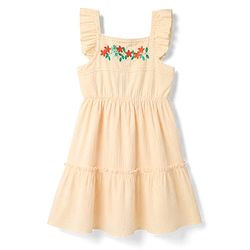 Pine Kids Cotton Woven One Piece Dress with Ruffled Sleeves and Embroidered Yoke Beige 4-5 Years