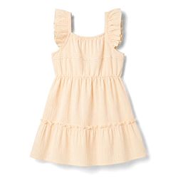 Pine Kids Cotton Woven One Piece Dress with Ruffled Sleeves and Embroidered Yoke Beige 4-5 Years