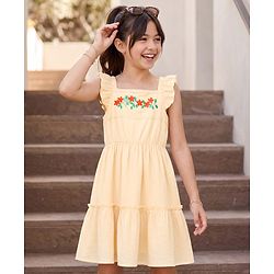 Pine Kids Cotton Woven One Piece Dress with Ruffled Sleeves and Embroidered Yoke Beige 4-5 Years