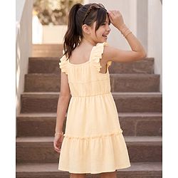Pine Kids Cotton Woven One Piece Dress with Ruffled Sleeves and Embroidered Yoke Beige 4-5 Years