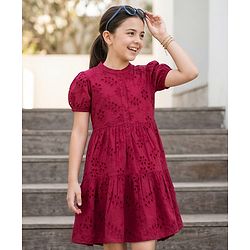 Pine Kids Schiffili Woven Half Sleeves Solid Coloured Tiered Dress - Red