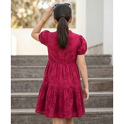 Pine Kids Schiffili Woven Half Sleeves Solid Coloured Tiered Dress - Red