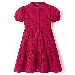 Pine Kids Schiffili Woven Half Sleeves Solid Coloured Tiered Dress - Red