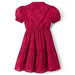 Pine Kids Schiffili Woven Half Sleeves Solid Coloured Tiered Dress - Red