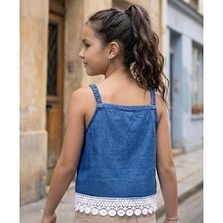 Pine Kids Cotton Woven Sleeveless Solid Color Top with Lace Detailing - Blue