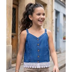 Pine Kids Cotton Woven Sleeveless Solid Color Top with Lace Detailing - Blue