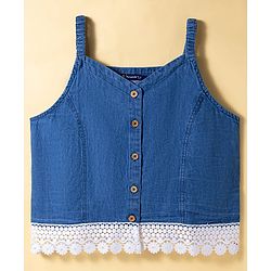 Pine Kids Cotton Woven Sleeveless Solid Color Top with Lace Detailing - Blue